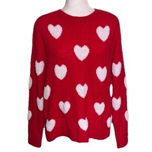 Women’s Red All Over White Hearts Valentines Day Soft Sweater Size Large